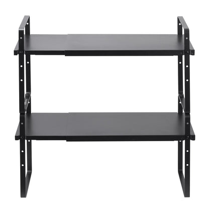 Adjustable Kitchen Cabinet Shelf Organizer, Expandable 2 Tier Cabinet Shelf, Stackable Countertop Organizers and Storage Shelf Risers, Pantry Organizers for Kitchen Bathroom Office, Black