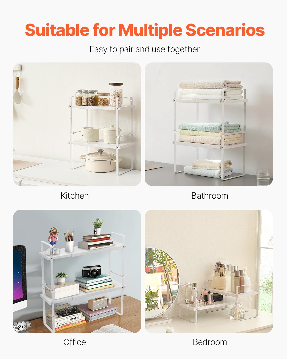 Adjustable Kitchen Cabinet Shelf Organizer, Expandable 2 Tier Cabinet Shelf, Stackable Countertop Organizers and Storage Shelf Risers, Pantry Organizers for Kitchen Bathroom Office, White