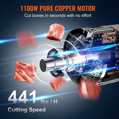 Gewerbliche elektrische Fleischbandsäge, 1100 W, Edelstahl, Tischgerät zum Knochensägen, Arbeitsfläche 49 x 38 cm, Schnittstärke 4–20 cm, Gefrierfleischschneider mit 5 Klingen für Rippchen, Schweine- und Rindfleisch