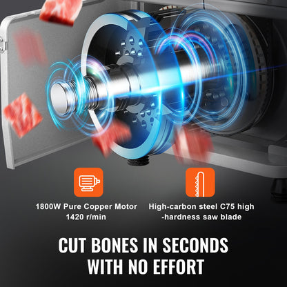 Gewerbliche elektrische Fleischbandsäge, 1800 W, Edelstahl, Tischgerät zum Knochensägen, Arbeitsfläche 38 x 48,5 cm, max. Schnittstärke 18 cm, Gefrierfleischschneider mit 5 Klingen für Rippchen, Schweinefleisch und Rindfleisch