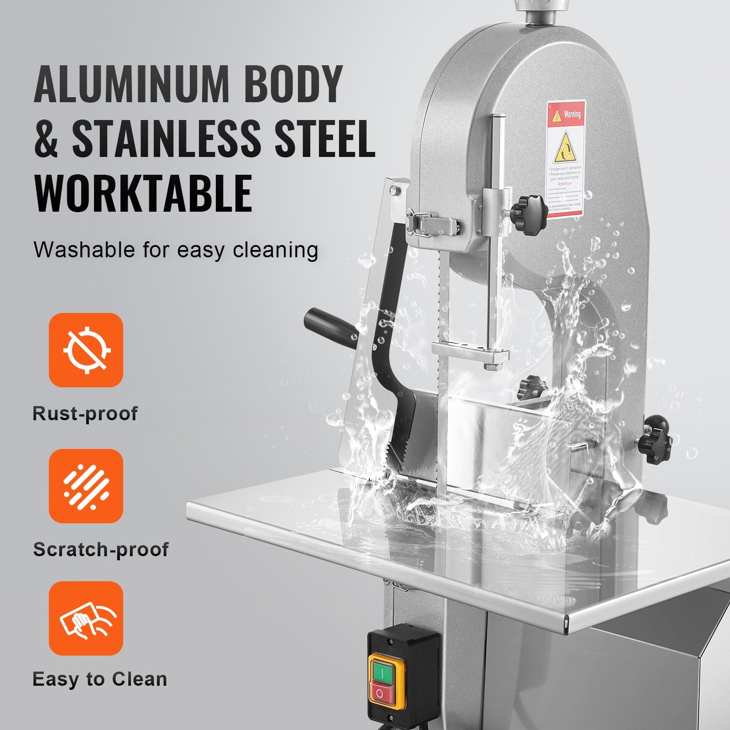 Gewerbliche elektrische Fleischbandsäge, 1800 W, Edelstahl, Tischgerät zum Knochensägen, Arbeitsfläche 38 x 48,5 cm, max. Schnittstärke 18 cm, Gefrierfleischschneider mit 5 Klingen für Rippchen, Schweinefleisch und Rindfleisch