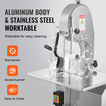 Gewerbliche elektrische Fleischbandsäge, 1800 W, Edelstahl, Tischgerät zum Knochensägen, Arbeitsfläche 38 x 48,5 cm, max. Schnittstärke 18 cm, Gefrierfleischschneider mit 5 Klingen für Rippchen, Schweinefleisch und Rindfleisch