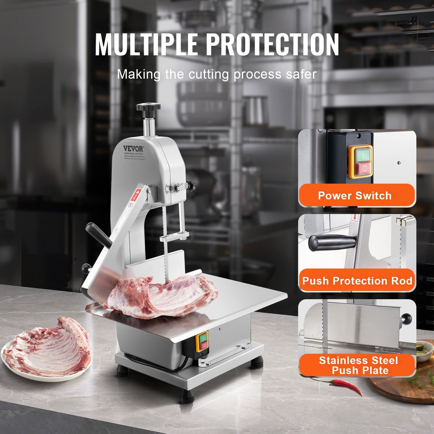 Gewerbliche elektrische Fleischbandsäge, 1800 W, Edelstahl, Tischgerät zum Knochensägen, Arbeitsfläche 38 x 48,5 cm, max. Schnittstärke 18 cm, Gefrierfleischschneider mit 5 Klingen für Rippchen, Schweinefleisch und Rindfleisch