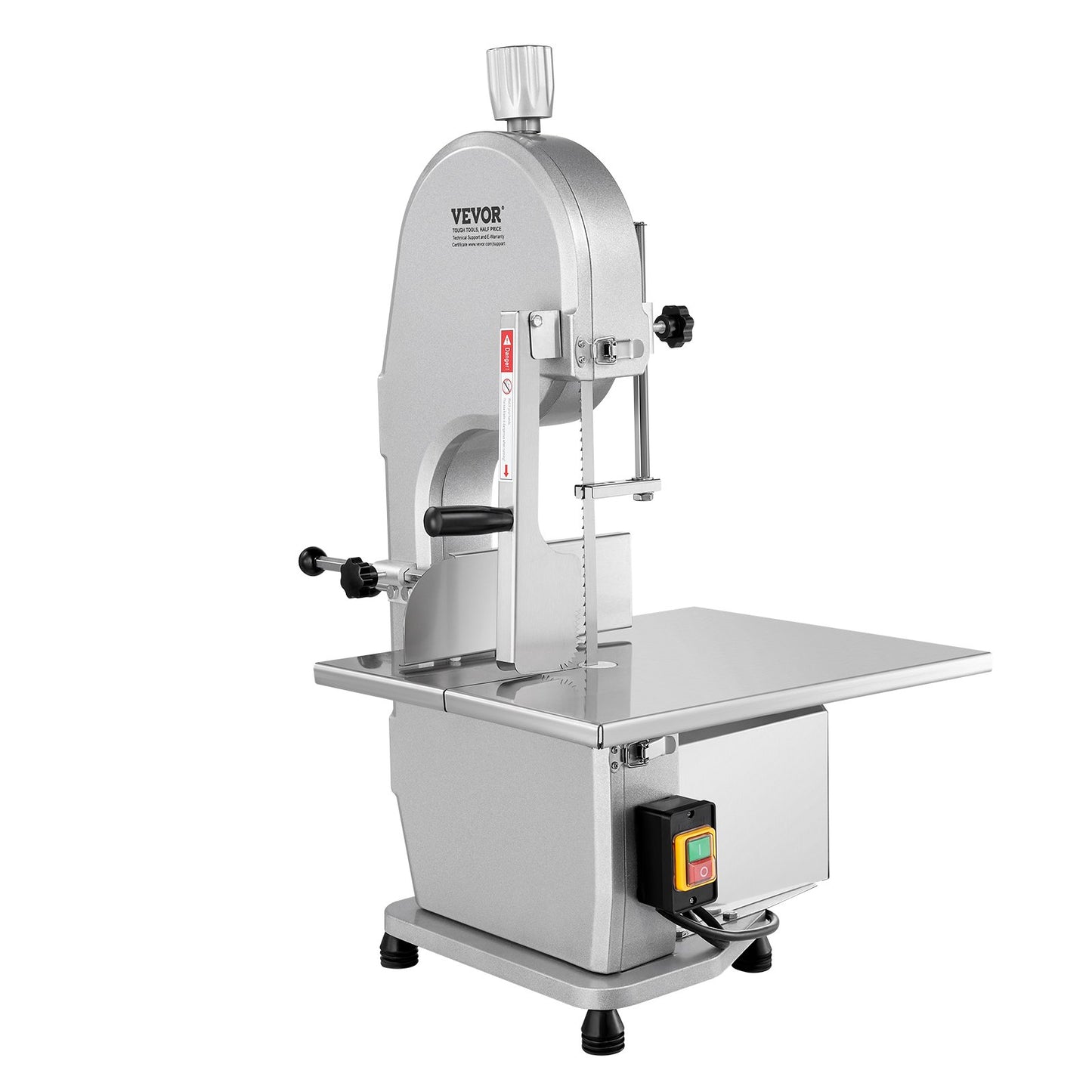 Gewerbliche elektrische Fleischbandsäge, 1800 W, Edelstahl, Tischgerät zum Knochensägen, Arbeitsfläche 38 x 48,5 cm, max. Schnittstärke 18 cm, Gefrierfleischschneider mit 5 Klingen für Rippchen, Schweinefleisch und Rindfleisch