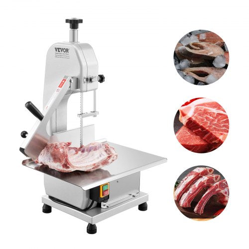 Commercial Electric Meat Bandsaw, 650W Stainless Steel Countertop Meat Sawing Machine, Workbench 315 x 460 mm, 110 mm Max Cutting Thickness, Frozen Fish Cutter for Rib Pork Beef