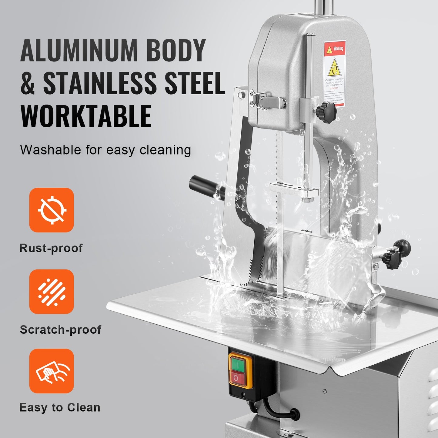 Gewerbliche elektrische Fleischbandsäge, 650 W, Edelstahl, Tischgerät, Arbeitsfläche 315 x 460 mm, max. Schnittstärke 110 mm, geeignet zum Schneiden von gefrorenem Fisch, Rippchen, Schweine- und Rindfleisch.