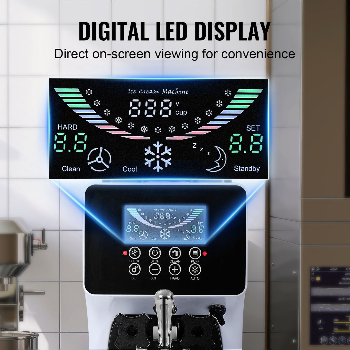 Gewerbliche Eismaschine, 10 l/h Leistung, 900 W, Tischgerät für Softeis, 4-l-Behälter, 1,6-l-Eiszylinder, LCD-Bedienfeld, Selbstreinigungsfunktion, Vorkühlung, für Restaurants und Imbissbuden