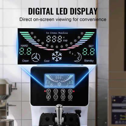 Gewerbliche Eismaschine, 10 l/h Leistung, 900 W, Tischgerät für Softeis, 4-l-Behälter, 1,6-l-Eiszylinder, LCD-Bedienfeld, Selbstreinigungsfunktion, Vorkühlung, für Restaurants und Imbissbuden