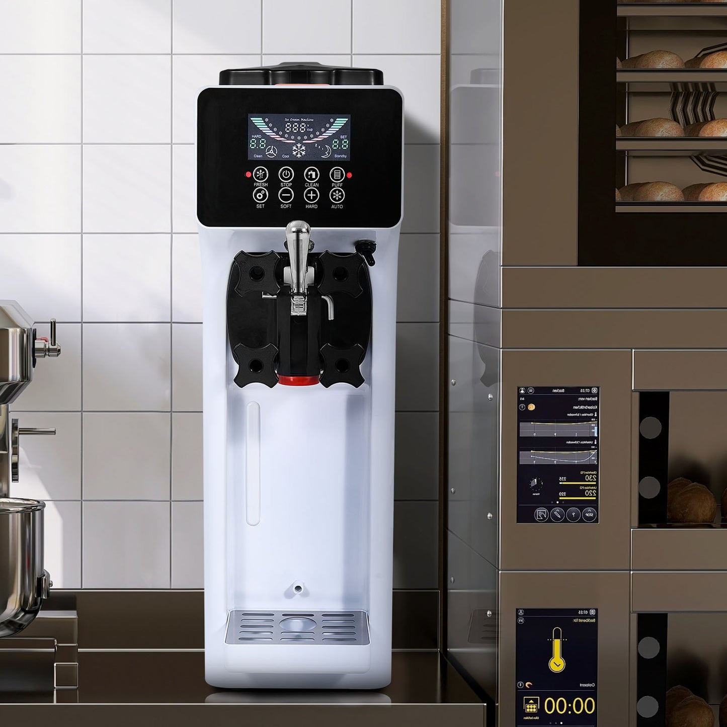 Gewerbliche Eismaschine, 10 l/h Leistung, 900 W, Tischgerät für Softeis, 4-l-Behälter, 1,6-l-Eiszylinder, LCD-Bedienfeld, Selbstreinigungsfunktion, Vorkühlung, für Restaurants und Imbissbuden