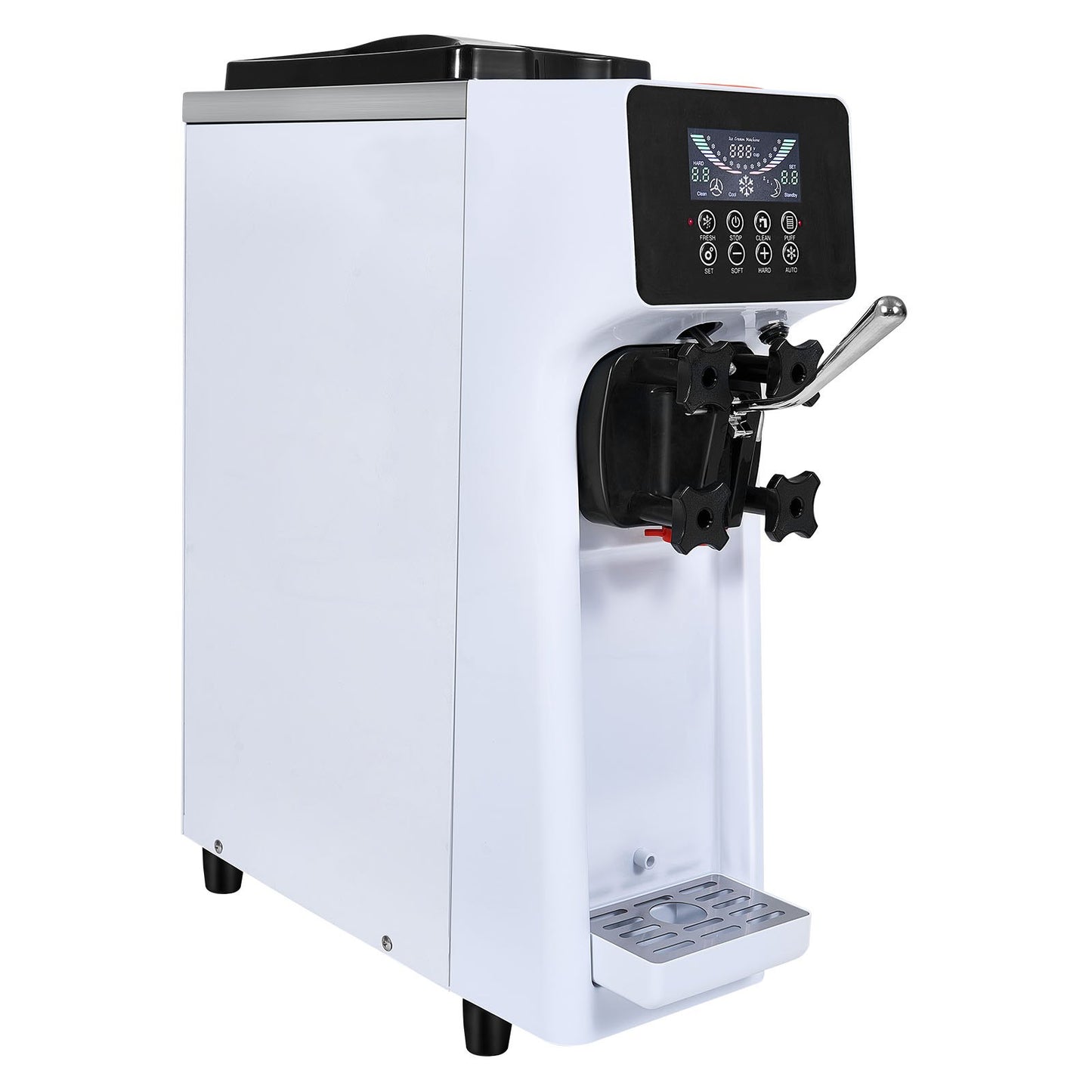 Gewerbliche Eismaschine, 10 l/h Leistung, 900 W, Tischgerät für Softeis, 4-l-Behälter, 1,6-l-Eiszylinder, LCD-Bedienfeld, Selbstreinigungsfunktion, Vorkühlung, für Restaurants und Imbissbuden