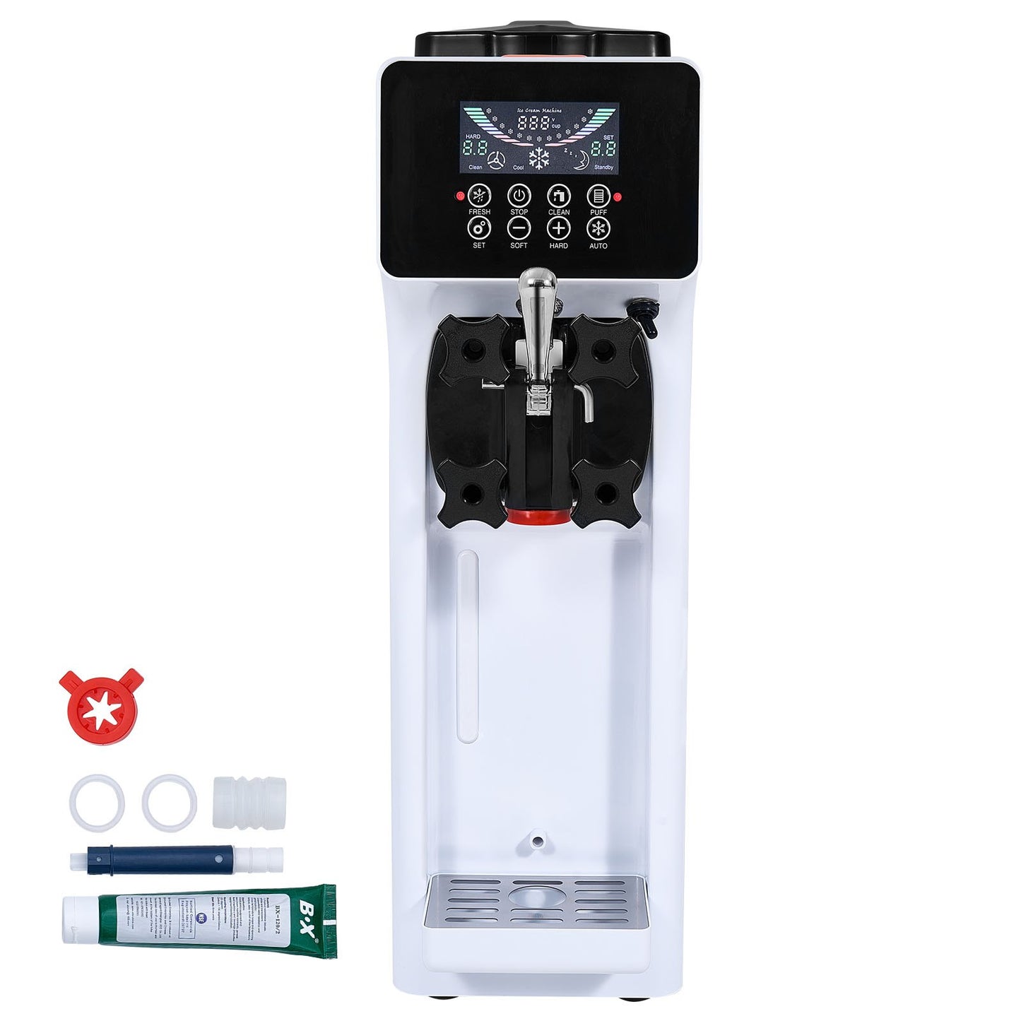 Gewerbliche Eismaschine, 10 l/h Leistung, 900 W, Tischgerät für Softeis, 4-l-Behälter, 1,6-l-Eiszylinder, LCD-Bedienfeld, Selbstreinigungsfunktion, Vorkühlung, für Restaurants und Imbissbuden