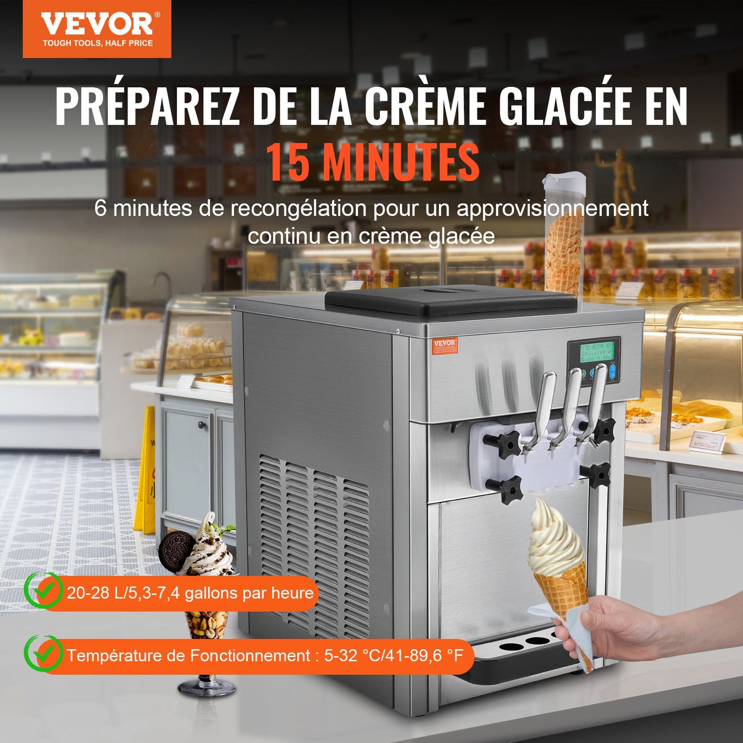 Gewerbliche Eismaschine, 21 QT/h Leistung, 1800 W, 3-Sorten-Softeismaschine für die Arbeitsplatte, 2 x 4-Liter-Behälter, 2 x 1,8-Liter-Zylinder, LCD-Bedienfeld, Selbstreinigungsfunktion, Vorkühlung, für Restaurants und Imbissstände