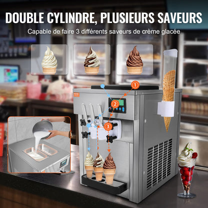 Gewerbliche Eismaschine, 21 QT/h Leistung, 1800 W, 3-Sorten-Softeismaschine für die Arbeitsplatte, 2 x 4-Liter-Behälter, 2 x 1,8-Liter-Zylinder, LCD-Bedienfeld, Selbstreinigungsfunktion, Vorkühlung, für Restaurants und Imbissstände