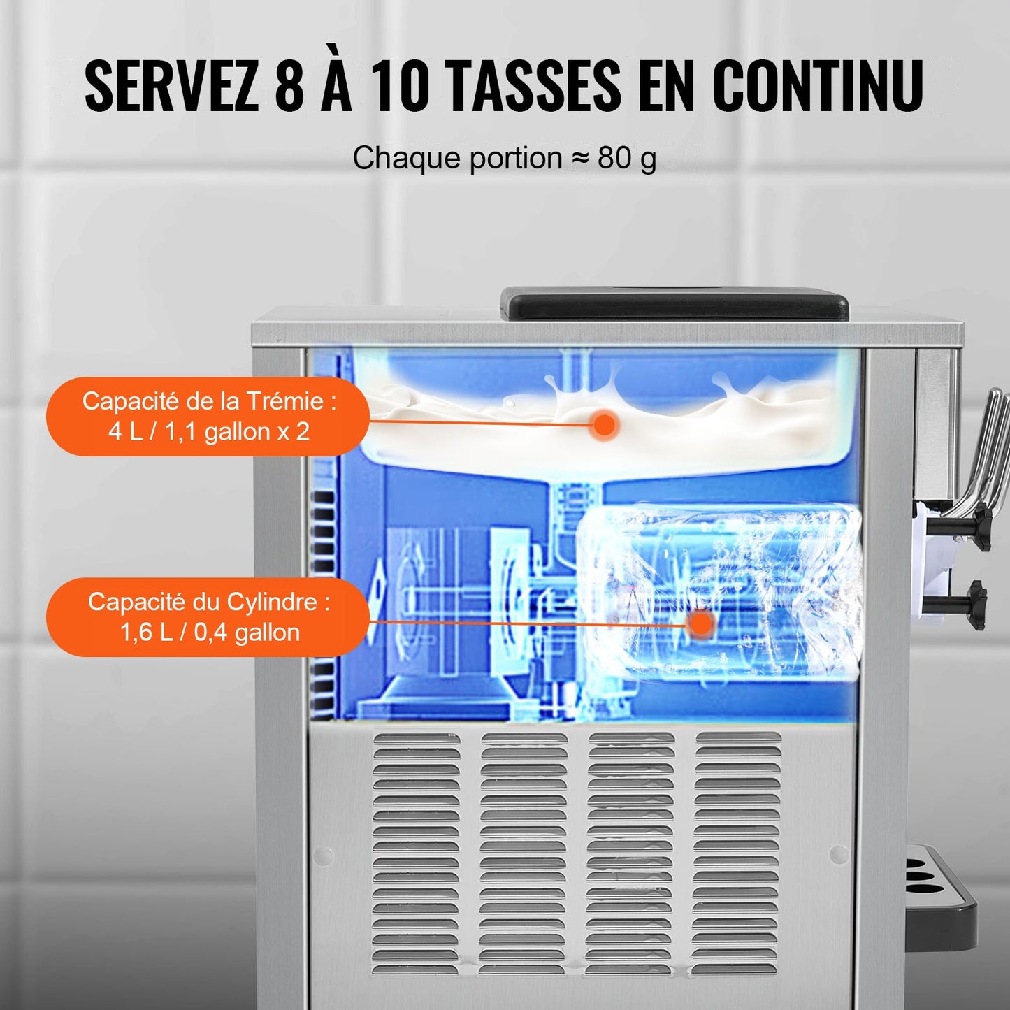 Gewerbliche Eismaschine, 21 QT/h Leistung, 1800 W, 3-Sorten-Softeismaschine für die Arbeitsplatte, 2 x 4-Liter-Behälter, 2 x 1,8-Liter-Zylinder, LCD-Bedienfeld, Selbstreinigungsfunktion, Vorkühlung, für Restaurants und Imbissstände