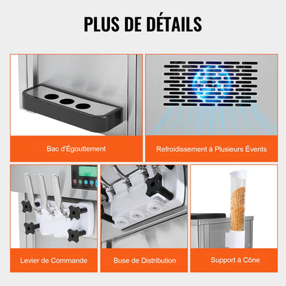 Gewerbliche Eismaschine, 21 QT/h Leistung, 1800 W, 3-Sorten-Softeismaschine für die Arbeitsplatte, 2 x 4-Liter-Behälter, 2 x 1,8-Liter-Zylinder, LCD-Bedienfeld, Selbstreinigungsfunktion, Vorkühlung, für Restaurants und Imbissstände