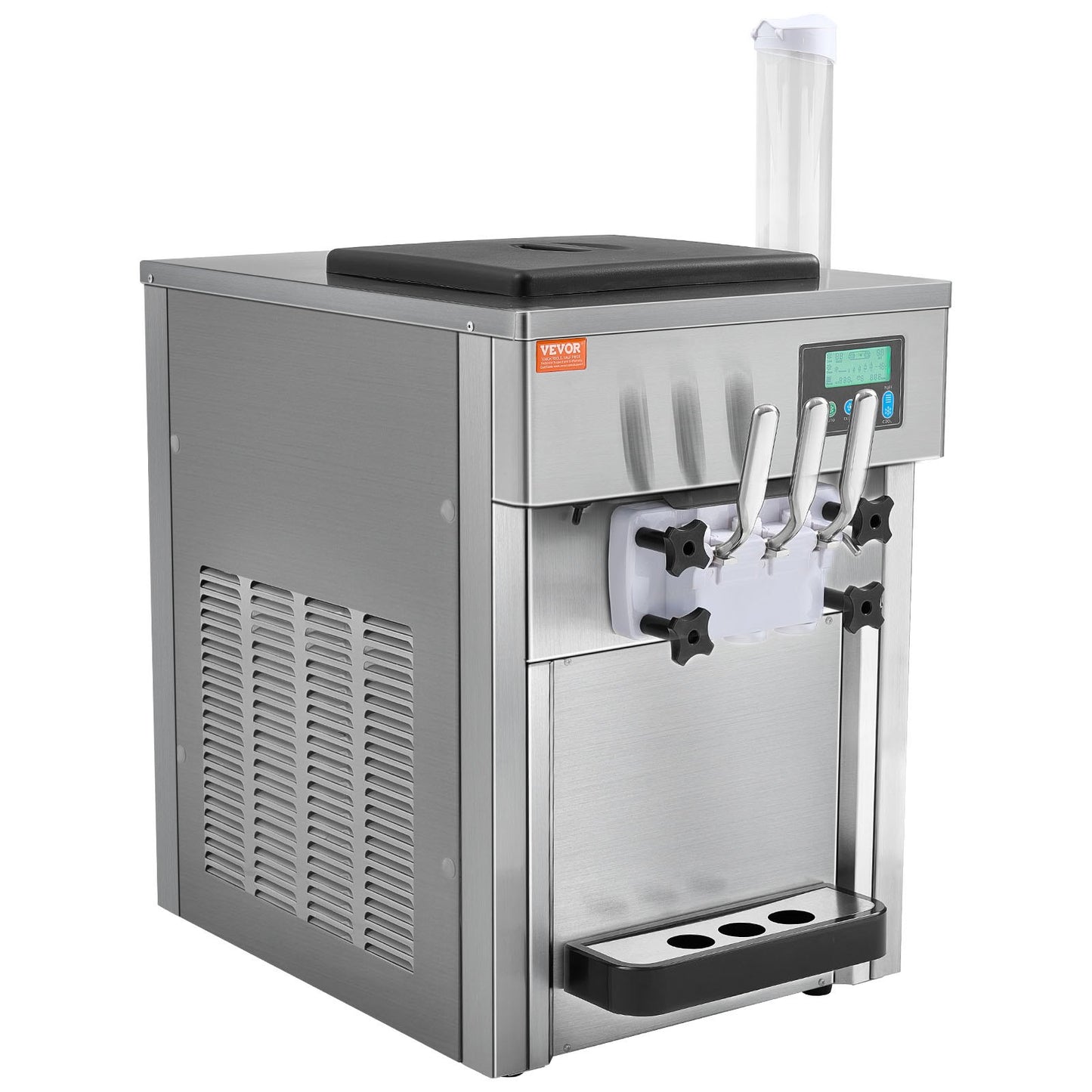 Gewerbliche Eismaschine, 21 QT/h Leistung, 1800 W, 3-Sorten-Softeismaschine für die Arbeitsplatte, 2 x 4-Liter-Behälter, 2 x 1,8-Liter-Zylinder, LCD-Bedienfeld, Selbstreinigungsfunktion, Vorkühlung, für Restaurants und Imbissstände