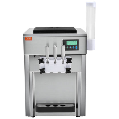 Gewerbliche Eismaschine, 21 QT/h Leistung, 1800 W, 3-Sorten-Softeismaschine für die Arbeitsplatte, 2 x 4-Liter-Behälter, 2 x 1,8-Liter-Zylinder, LCD-Bedienfeld, Selbstreinigungsfunktion, Vorkühlung, für Restaurants und Imbissstände