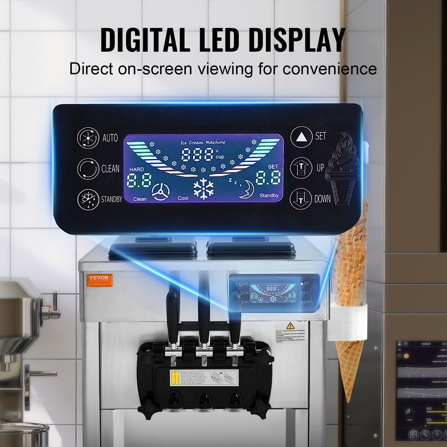 Gewerbliche Eismaschine, 18-28 l/h Leistung, 1650 W, 3-Sorten-Tischgerät für Softeis, 2 x 5,5 l Edelstahlzylinder, LED-Panel, Selbstreinigungsfunktion, Vorkühlung, für Restaurantbars