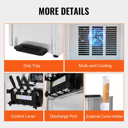 Gewerbliche Eismaschine, 18-28 l/h Leistung, 1650 W, 3-Sorten-Tischgerät für Softeis, 2 x 5,5 l Edelstahlzylinder, LED-Panel, Selbstreinigungsfunktion, Vorkühlung, für Restaurantbars