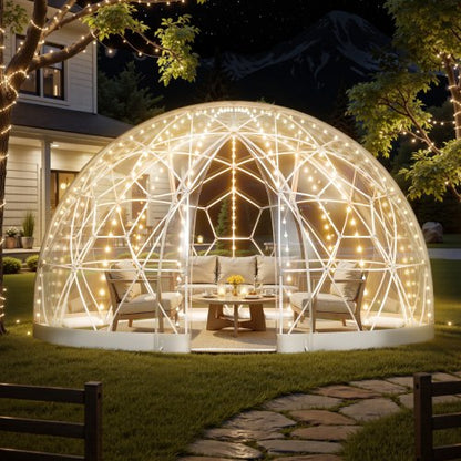 Gartenkuppel-Iglu, 3,6 x 2,2 m, transparentes Outdoor-Kuppelzelt für 4–7 Personen, wetterfestes geodätisches Kuppel-Gewächshaus mit Fenster, PVC-Iglu-Zelt für Garten, Terrasse, Camping, Partys und Hochzeiten