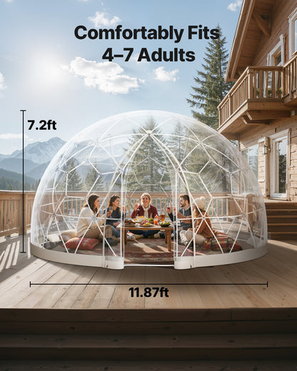 Gartenkuppel-Iglu, 3,6 x 2,2 m, transparentes Outdoor-Kuppelzelt für 4–7 Personen, wetterfestes geodätisches Kuppel-Gewächshaus mit Fenster, PVC-Iglu-Zelt für Garten, Terrasse, Camping, Partys und Hochzeiten