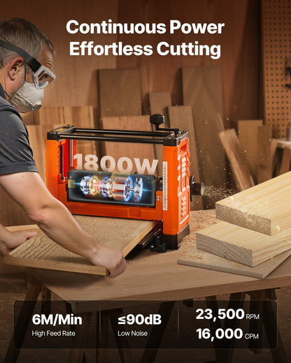 Thickness Planer, Two-Blade, 330 mm Width Worktable Power Benchtop Planer, 1800W 23500 RPM Powerful Motor, Dual Rollers, Over Protection, Single Speed Woodworking, for Hard & Soft Wood Material