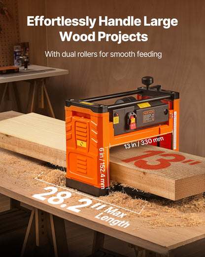 Thickness Planer, Two-Blade, 330 mm Width Worktable Power Benchtop Planer, 1800W 23500 RPM Powerful Motor, Dual Rollers, Over Protection, Single Speed Woodworking, for Hard & Soft Wood Material