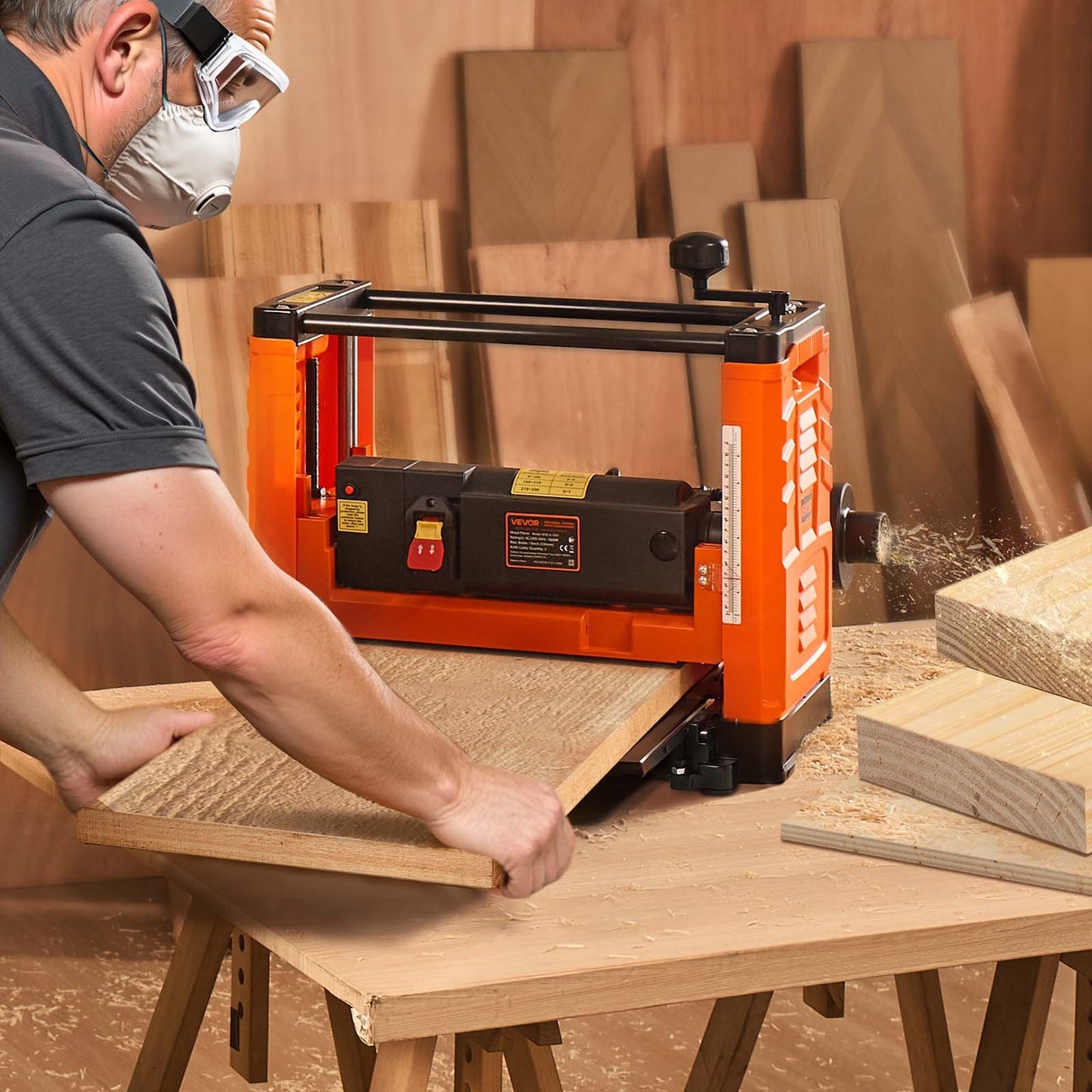 Thickness Planer, Two-Blade, 330 mm Width Worktable Power Benchtop Planer, 1800W 23500 RPM Powerful Motor, Dual Rollers, Over Protection, Single Speed Woodworking, for Hard & Soft Wood Material