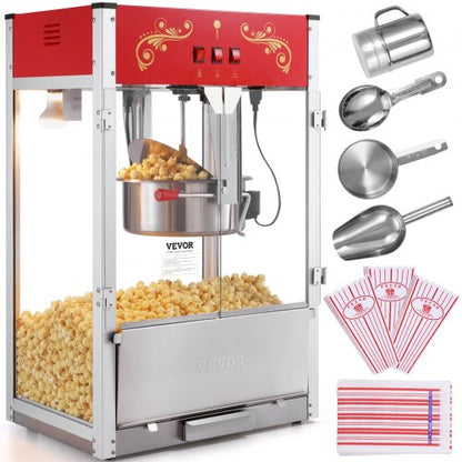 Popcornmaschine, 1615 W, großer 473-ml-Kessel für die Arbeitsplatte mit gehärtetem Glas, inklusive 3 Edelstahlschaufeln, Kino-Design, Rot