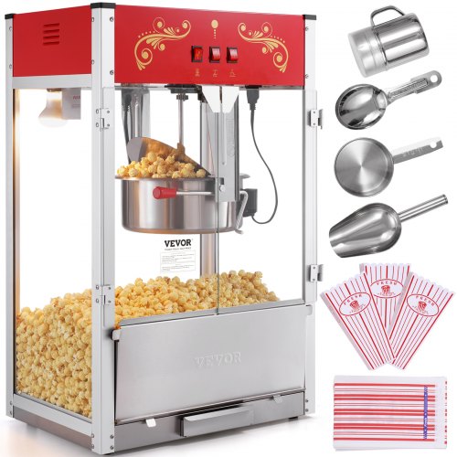 Popcornmaschine, 1615 W, großer 473-ml-Kessel für die Arbeitsplatte mit gehärtetem Glas, inklusive 3 Edelstahlschaufeln, Kino-Design, Rot