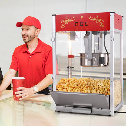 Popcornmaschine, 1615 W, großer 473-ml-Kessel für die Arbeitsplatte mit gehärtetem Glas, inklusive 3 Edelstahlschaufeln, Kino-Design, Rot