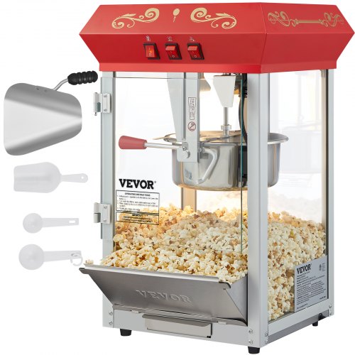 Popcornmaschine, 850 W, 8-Unzen-Kessel für bis zu 48 Tassen Popcorn pro Durchgang, Tischgerät mit gehärtetem Glas, inklusive 4 Schaufeln, Kino-Design, Rot