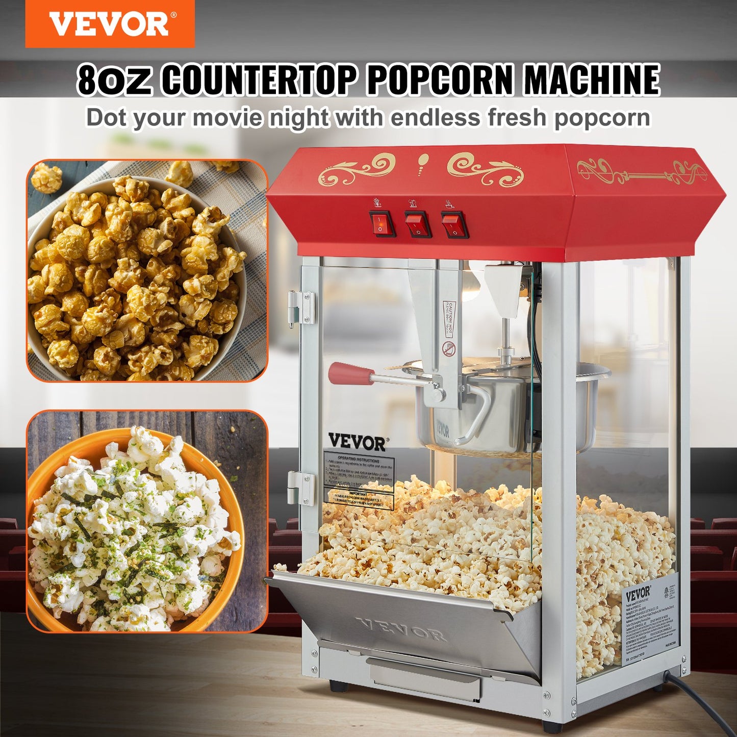 Popcornmaschine, 850 W, 8-Unzen-Kessel für bis zu 48 Tassen Popcorn pro Durchgang, Tischgerät mit gehärtetem Glas, inklusive 4 Schaufeln, Kino-Design, Rot