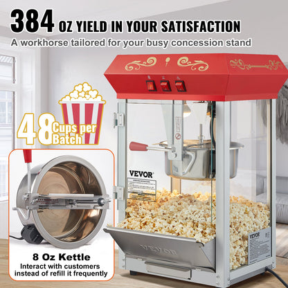 Popcornmaschine, 850 W, 8-Unzen-Kessel für bis zu 48 Tassen Popcorn pro Durchgang, Tischgerät mit gehärtetem Glas, inklusive 4 Schaufeln, Kino-Design, Rot