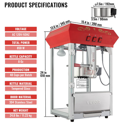 Popcornmaschine, 850 W, 8-Unzen-Kessel für bis zu 48 Tassen Popcorn pro Durchgang, Tischgerät mit gehärtetem Glas, inklusive 4 Schaufeln, Kino-Design, Rot