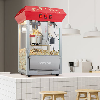 Popcornmaschine, 850 W, 8-Unzen-Kessel für bis zu 48 Tassen Popcorn pro Durchgang, Tischgerät mit gehärtetem Glas, inklusive 4 Schaufeln, Kino-Design, Rot