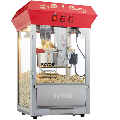 Popcornmaschine, 850 W, 8-Unzen-Kessel für bis zu 48 Tassen Popcorn pro Durchgang, Tischgerät mit gehärtetem Glas, inklusive 4 Schaufeln, Kino-Design, Rot