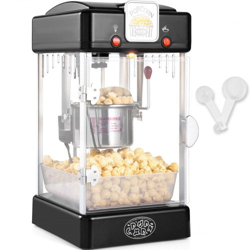 Popcornmaschine, 300 W, 70-ml-Kessel (für ca. 4 Liter Popcorn pro Portion), Tischgerät mit PP-Tür, inklusive 2 Schaufeln und Auffangschale, Kino-Design, Schwarz