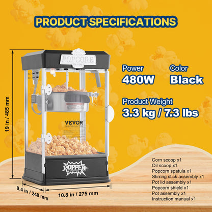 Popcornmaschine, 480 W, 120-ml-Kessel (ergibt ca. 5,7 Liter pro Portion), Tischgerät, inklusive 3 Schaufeln, Kino-Design, Schwarz