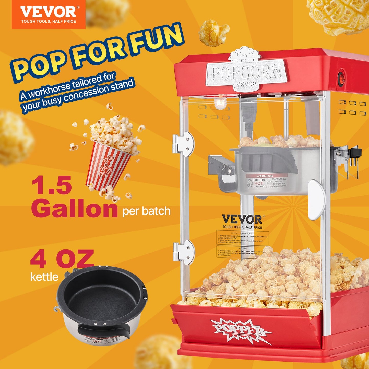 Popcornmaschine, 480 W, 120-ml-Kessel (ergibt ca. 5,7 Liter pro Portion), Tischgerät, inklusive 3 Schaufeln, Kino-Design, Rot