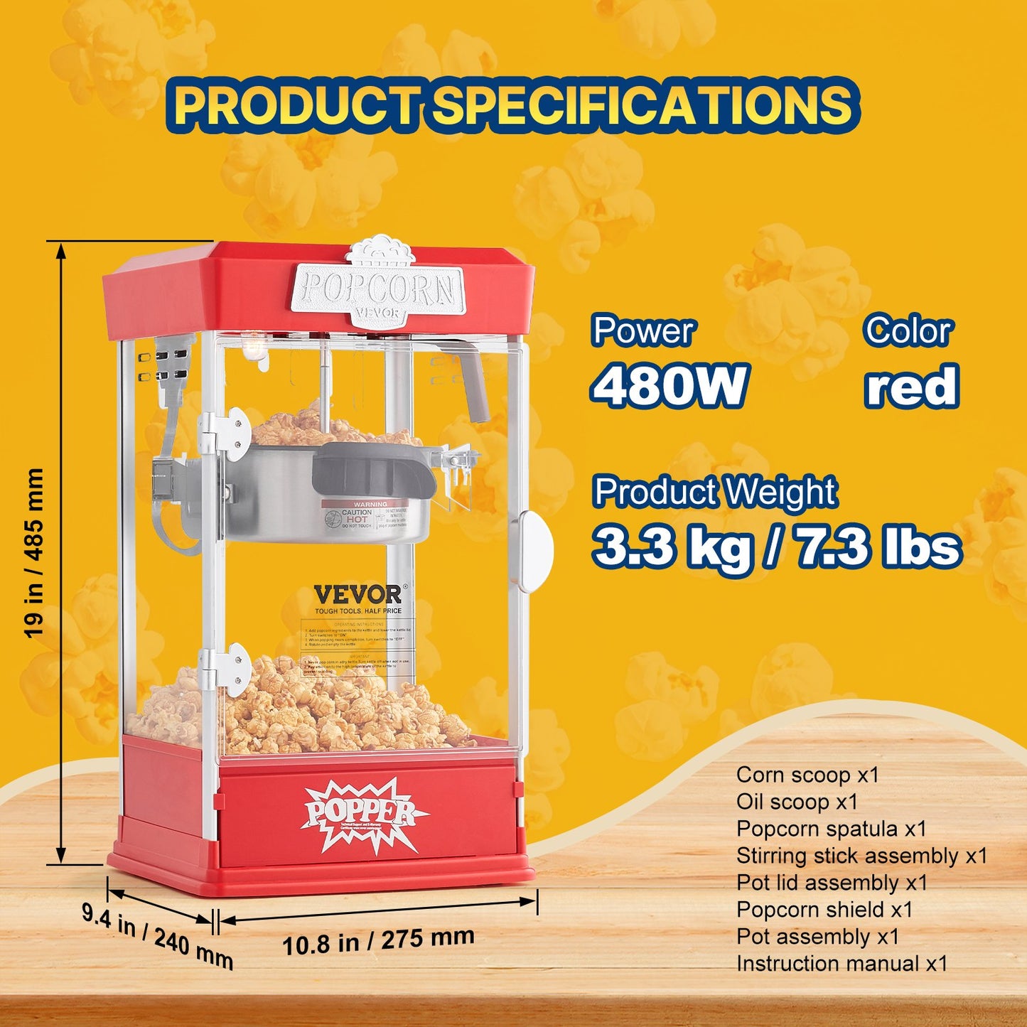 Popcornmaschine, 480 W, 120-ml-Kessel (ergibt ca. 5,7 Liter pro Portion), Tischgerät, inklusive 3 Schaufeln, Kino-Design, Rot