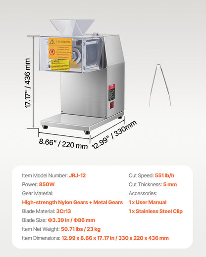 Meat Cutter Machine, 850W Meat Slicer, 551 lb/h Commercial Meat Cutting Machine Stainless Steel, 5 mm Thickness, Detachable Blades, Electric Food Slicer for Home Kitchen Restaurant Supermarket