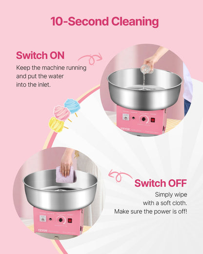 Elektrische Zuckerwattemaschine, 1000 W, professionelle Zuckerwattemaschine mit 52 cm Edelstahlschüssel, Zuckerlöffel und Schublade, einfache Anwendung zu Hause, ideal für Kindergeburtstage und Familienfeiern, rosa