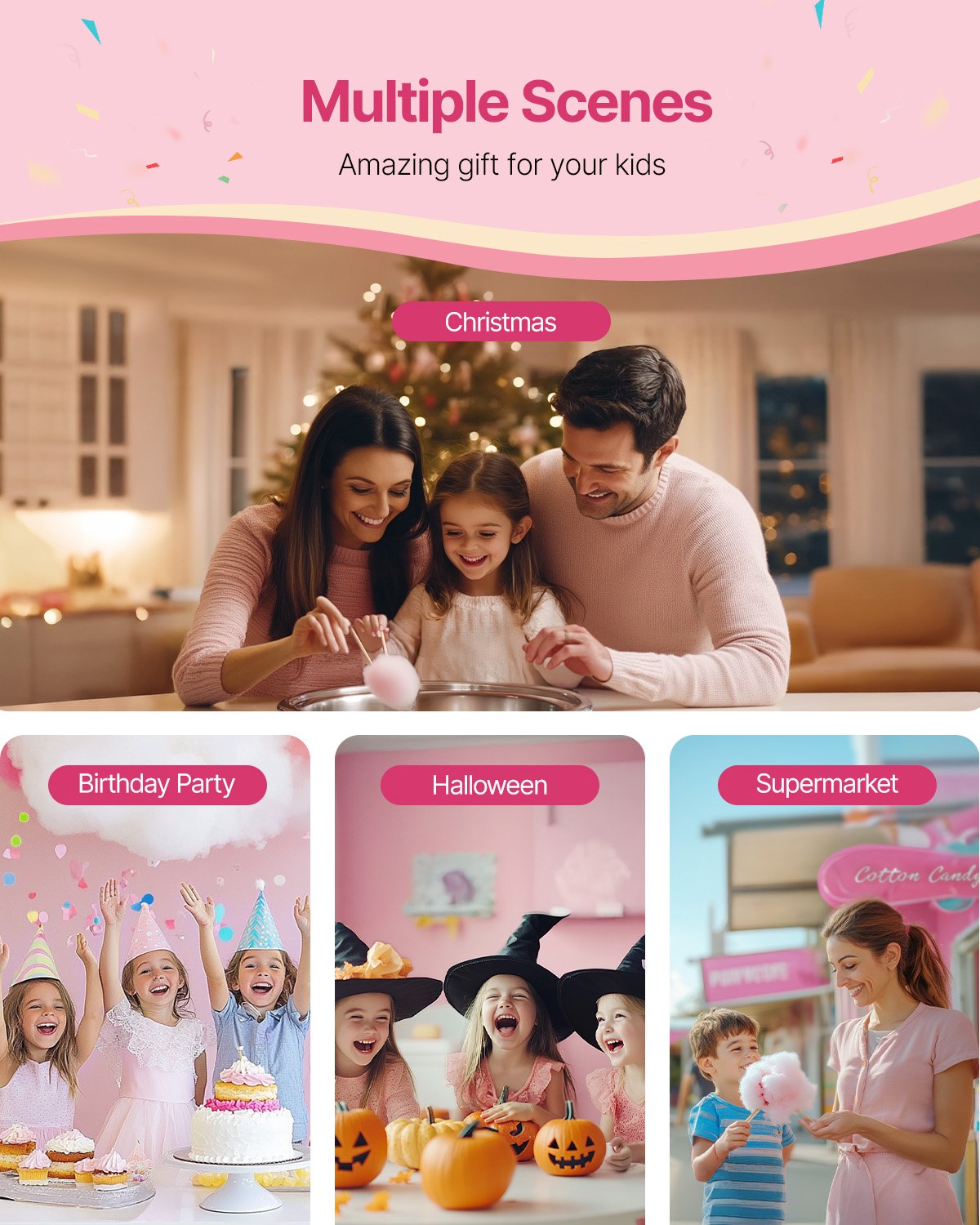 Elektrische Zuckerwattemaschine, 1000 W, professionelle Zuckerwattemaschine mit 52 cm Edelstahlschüssel, Zuckerlöffel und Schublade, einfache Anwendung zu Hause, ideal für Kindergeburtstage und Familienfeiern, rosa