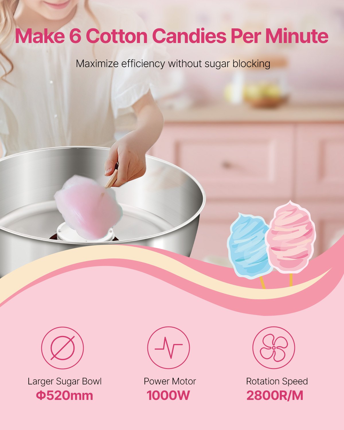 Elektrische Zuckerwattemaschine, 1000 W, professionelle Zuckerwattemaschine mit 52 cm Edelstahlschüssel, Zuckerlöffel und Schublade, einfache Anwendung zu Hause, ideal für Kindergeburtstage und Familienfeiern, Rot