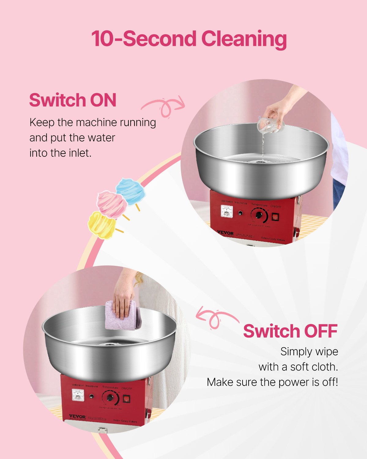 Elektrische Zuckerwattemaschine, 1000 W, professionelle Zuckerwattemaschine mit 52 cm Edelstahlschüssel, Zuckerlöffel und Schublade, einfache Anwendung zu Hause, ideal für Kindergeburtstage und Familienfeiern, Rot