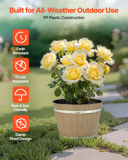 Pflanzgefäße, 4er-Pack, 300 mm Whiskyfass-Pflanzgefäße mit Abflusslöchern, große dekorative Kunststoff-Blumentöpfe im Weinfass-Design für drinnen und draußen, braun