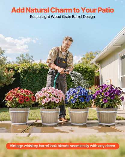 Pflanzgefäße, 4er-Pack, 300 mm Whiskyfass-Pflanzgefäße mit Abflusslöchern, große dekorative Kunststoff-Blumentöpfe im Weinfass-Design für drinnen und draußen, braun