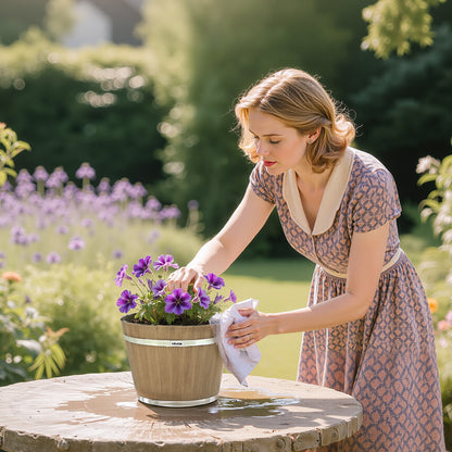 Pflanzgefäße, 4er-Pack, 300 mm Whiskyfass-Pflanzgefäße mit Abflusslöchern, große dekorative Kunststoff-Blumentöpfe im Weinfass-Design für drinnen und draußen, braun