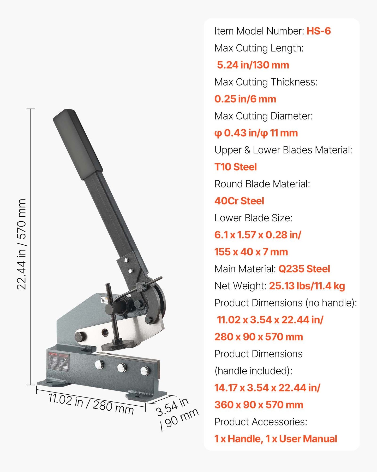 Blechschere, 155 mm, manuelle Blechschere, robuste Montageausführung mit massivem Stahlrahmen, hohe Präzision, verlängerter Griff zum Schneiden von Stahl, Kupfer, Bewehrungsstahl und Aluminium